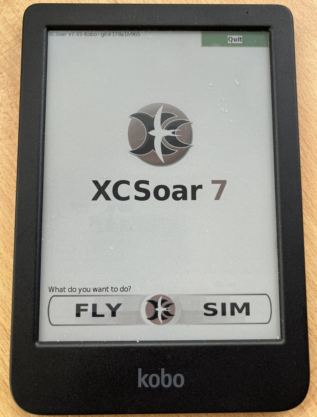 First bootup of XCSoar on the Kobo via NickelMenu, showing the splash screen.