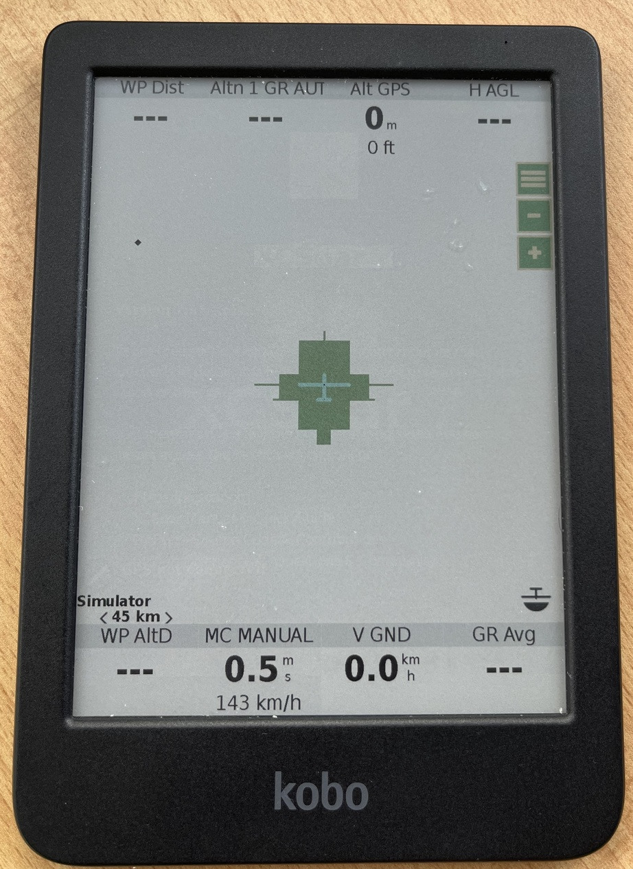 First UI of XCSoar, showing the main status indicators. Rendering is wrong and button text doesn&rsquo;t work.