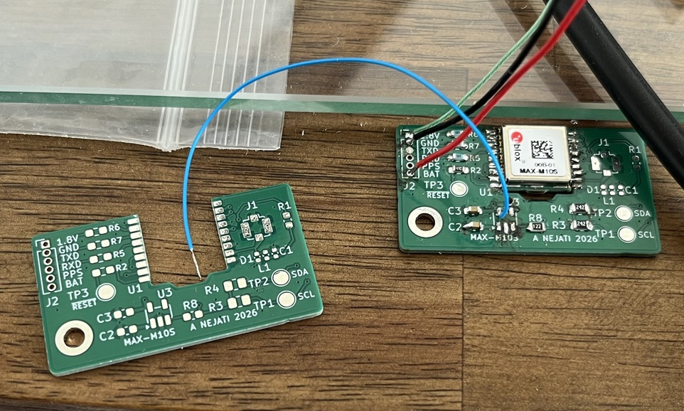 The custom GNSS module. Bare unsoldered PCB on the left, finished soldered product on the right.
